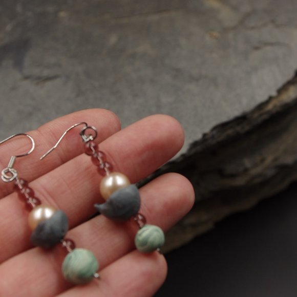 Boho Dangle Beaded Earrings with Pearls and Handmade Polymer Clay Beads - Picture 5 of 6